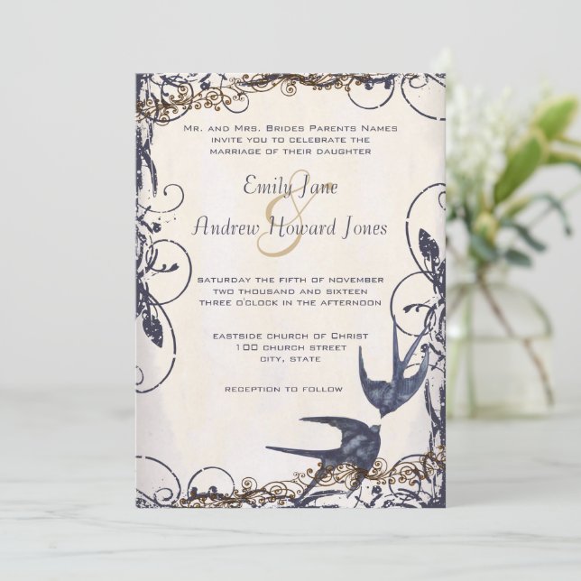 5 x 7 Vintage Love Birds Navy Wedding Invites (Standing Front)