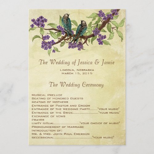 5 x 7 Vintage Love Birds Tea Stain Wedding Program