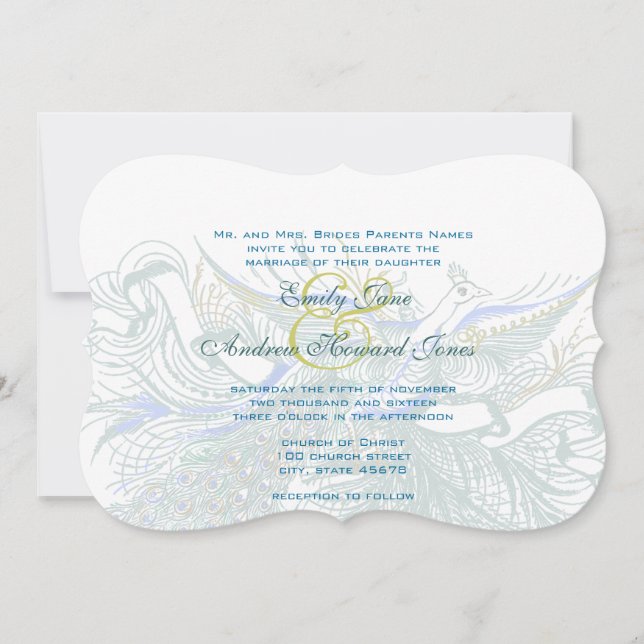 5 x 7 Vintage Peacock Birds Wedding Invitation (Front)