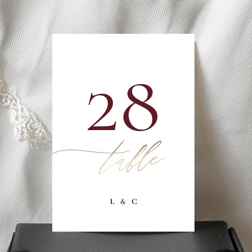 5 x 7 White Burgundy Gold Wedding Table Number