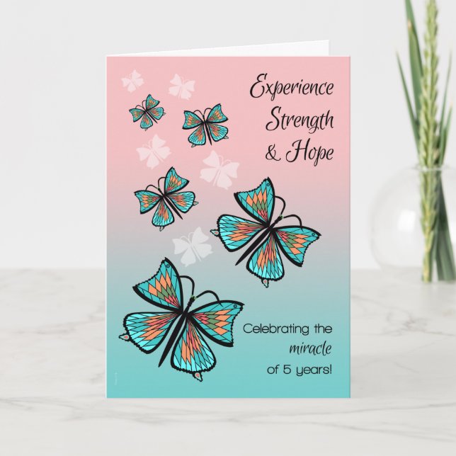 5 Year Addiction Recovery Birthday Butterflies Card (Front)