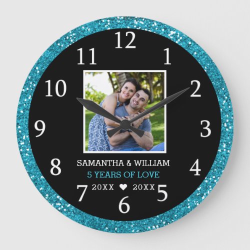 5 Year Anniversary Photo Black And Blue Glitter Large Clock