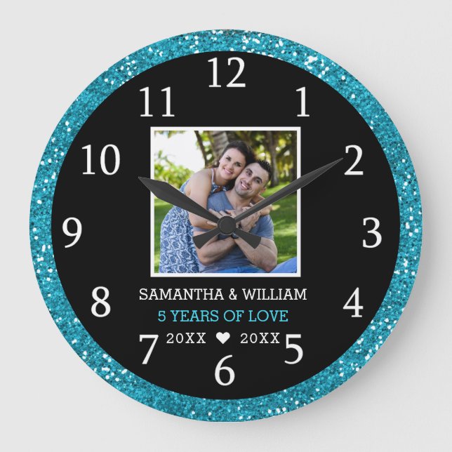 5 Year Anniversary Photo Black And Blue Glitter Large Clock (Front)