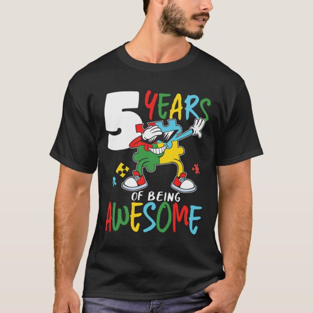 5 Year Old Birthday Autistic Boy Girl Autism Aware T-Shirt (Front)