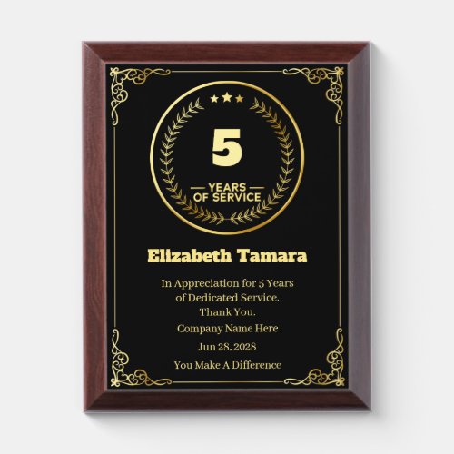 5 Year Work Anniversary  Employee Appreciation Award Plaque