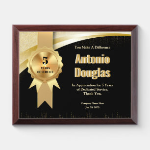 5 Year Work Anniversary Employee Appreciation Gold Award Plaque