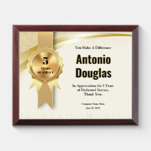 5 Year Work Anniversary Employee Appreciation Gold Award Plaque