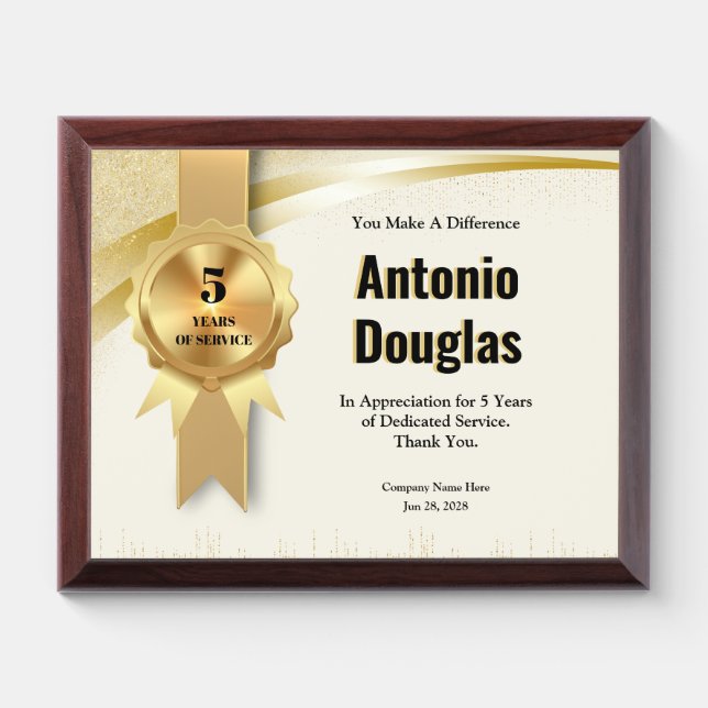 5 Year Work Anniversary Employee Appreciation Gold Award Plaque (Horizontal)