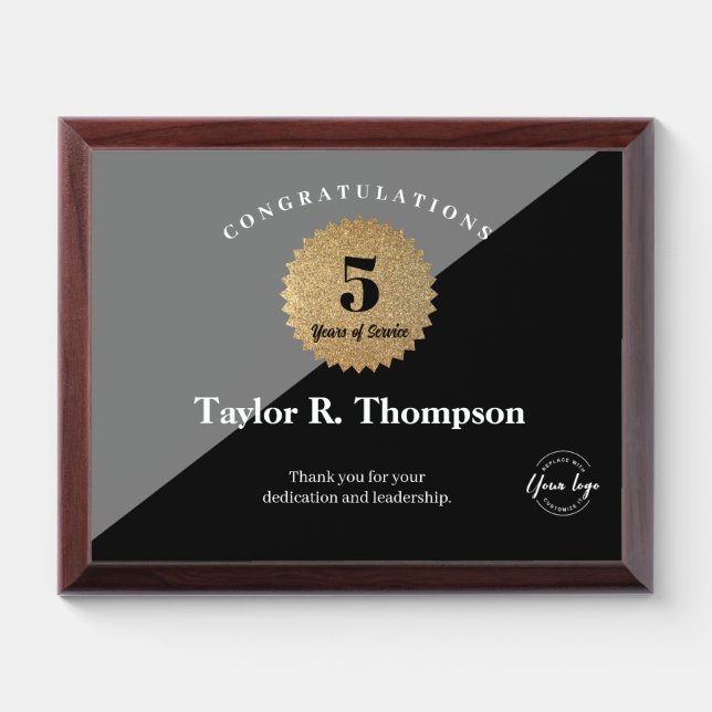 5 Year Work anniversary Gold Black Employee Award Plaque (Horizontal)