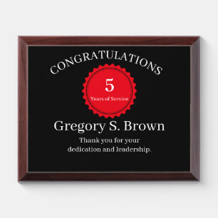 5 Year Work anniversary Gold Black Employee Award  Plaque