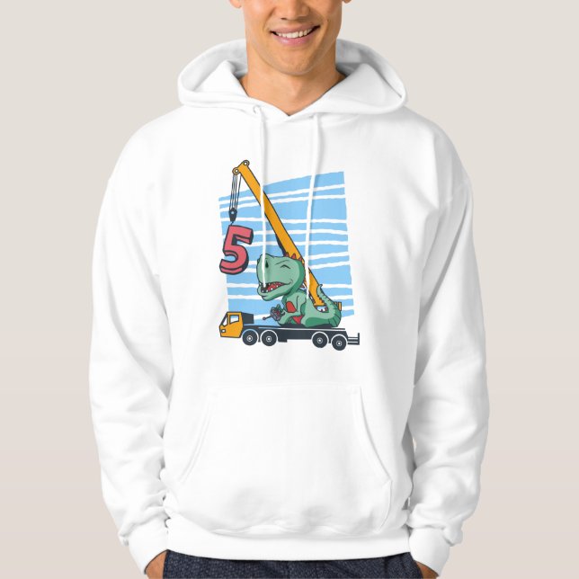 5 years 5th Birthday Mobile Crane Dinosaur Hoodie (Front)