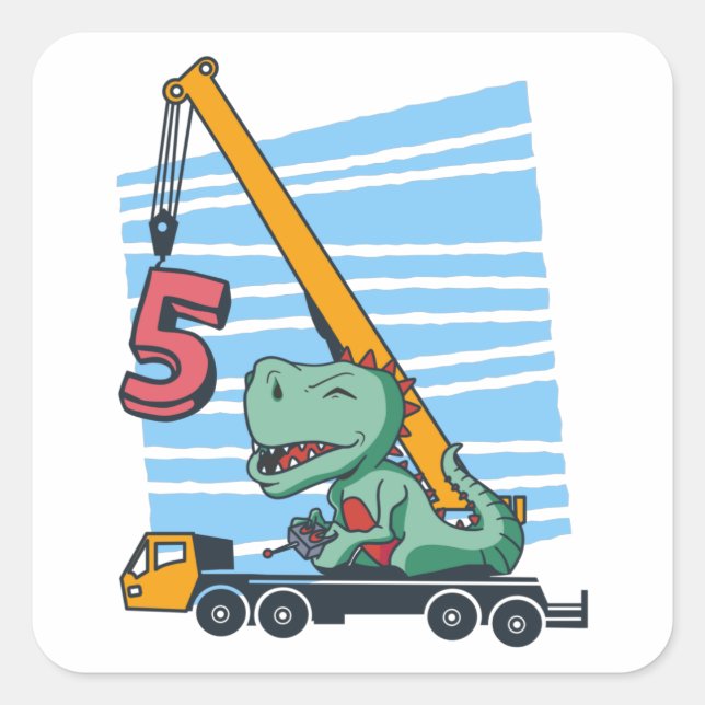 5 years 5th Birthday Mobile Crane Dinosaur Square Sticker (Front)