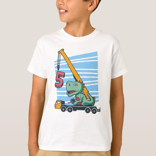 5 years 5th Birthday Mobile Crane Dinosaur T-Shirt (Front)