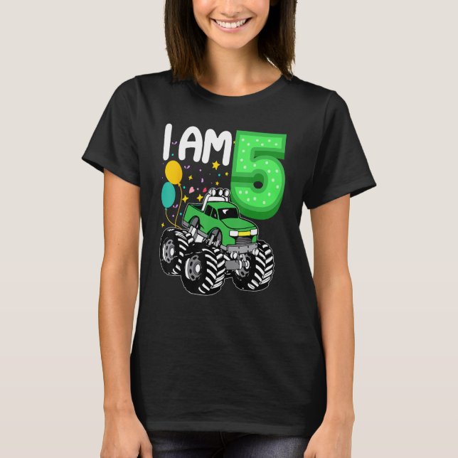 5 Years Old Kid Green Monster Truck Birthday Boy T-Shirt (Front)