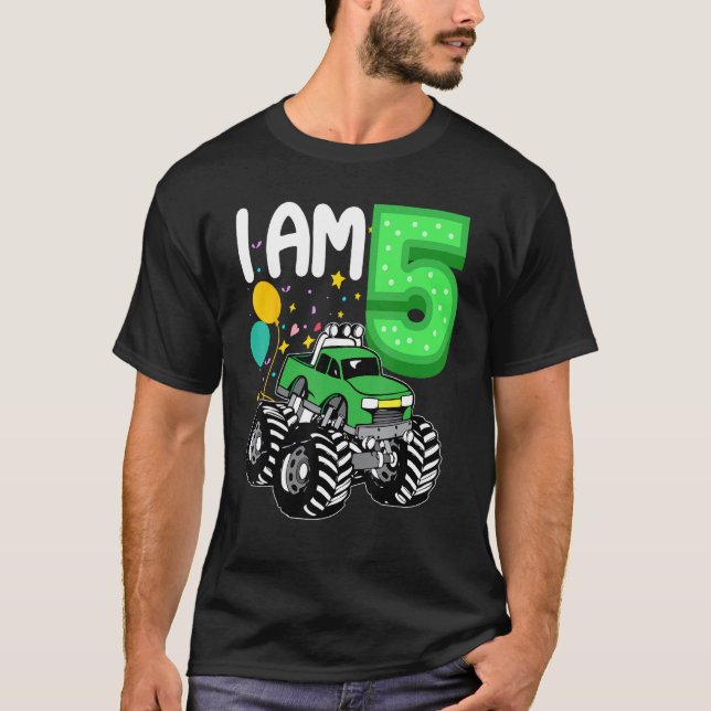 5 Years Old Kid Green Monster Truck Birthday Boy T-Shirt (Front)