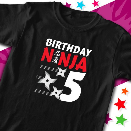 5 Years Old Ninja Party Stars Kids 5th Birthday T_Shirt