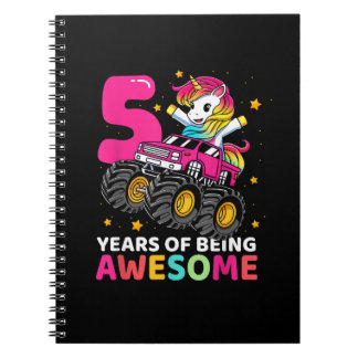 5 Years Old Unicorn Riding Monster Truck 5th Birth Notebook