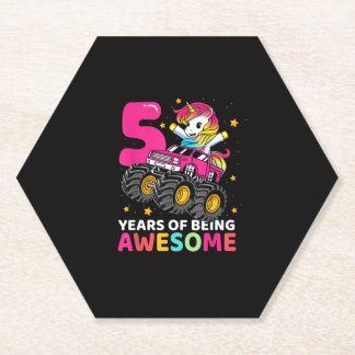 5 Years Old Unicorn Riding Monster Truck 5th Birth Paper Coaster