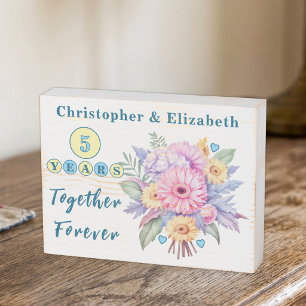 5 years together anniversary flowers blue wooden box sign