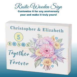 5 years together anniversary flowers blue wooden box sign