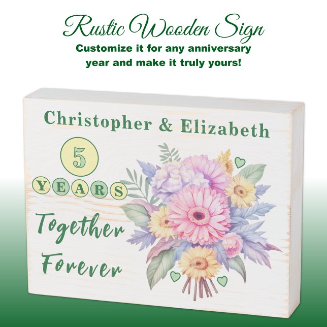 5 years together anniversary flowers green wooden box sign (Creator Uploaded)