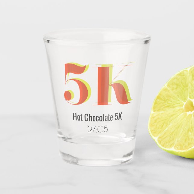 5k Race Running Celebration Bold Yellow Red Text Shot Glass (Front)