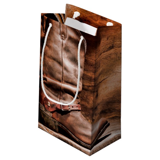5lx3wx8.5h Small Gift Bag Cowboy Boots Barn Wood R (Back Angled)