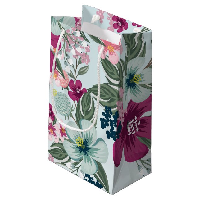 5lx3wx8.5h Small Gift Bag Tropical Flowers on Blue (Back Angled)