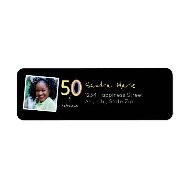 5O and Fabulous black Yellow Rainbow Chic Birthday Label (Front)
