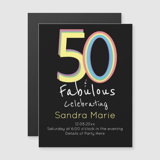 5O and Fabulous black Yellow Rainbow Chic Birthday Magnetic Invitation (Front/Back)