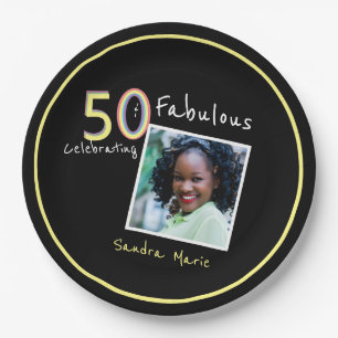 5O and Fabulous black Yellow Rainbow Chic Birthday Paper Plates