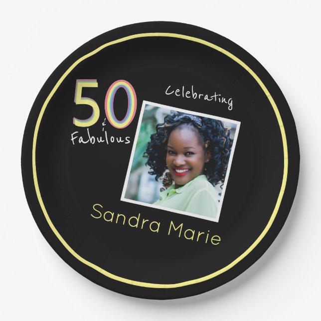 5O and Fabulous black Yellow Rainbow Chic Birthday Paper Plates (Front)