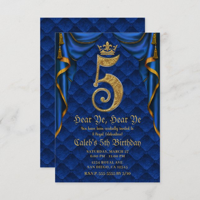 5th 5 Five Birthday Party Royal Blue Gold Crown   Invitation (Front/Back)