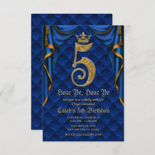 5th 5 Five Birthday Party Royal Blue Gold Crown   Invitation