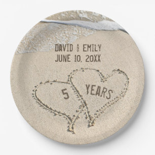 5th Anniversary Beach Hearts Paper Plate