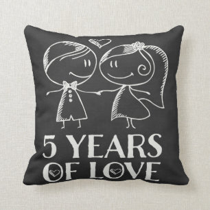 5th Anniversary Couples Chalk Drawn Pillow Gift