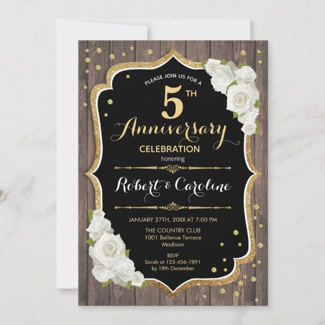 5th Anniversary Invitation - Rustic Wood Gold (Front)