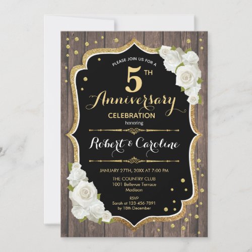 5th Anniversary Invitation _ Rustic Wood Gold