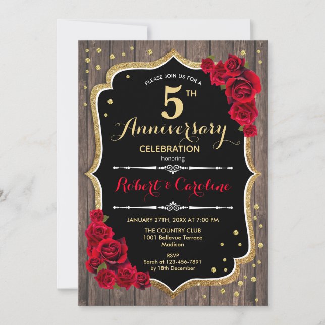 5th Anniversary Invitation - Wood Red Gold (Front)