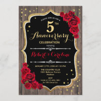 5th Anniversary Invitation - Wood Red Gold