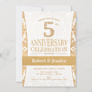 5th Anniversary Party - Gold White Invitation
