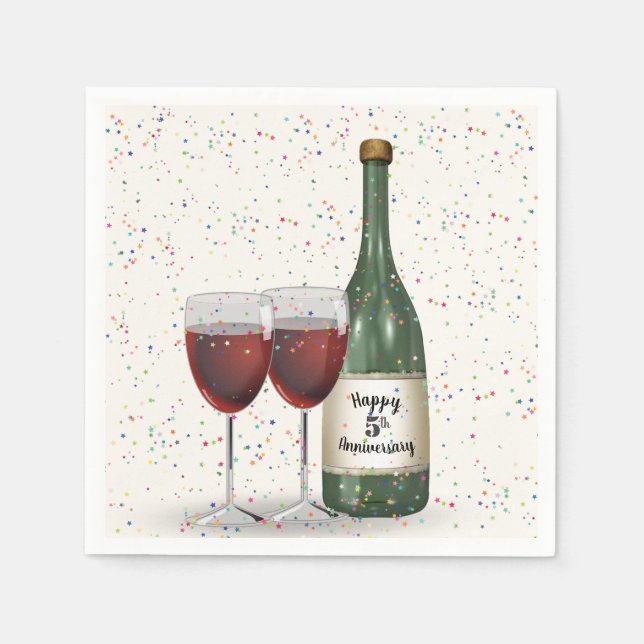 5th Anniversary Party Wine Bottle and Two Glasses Napkins (Front)