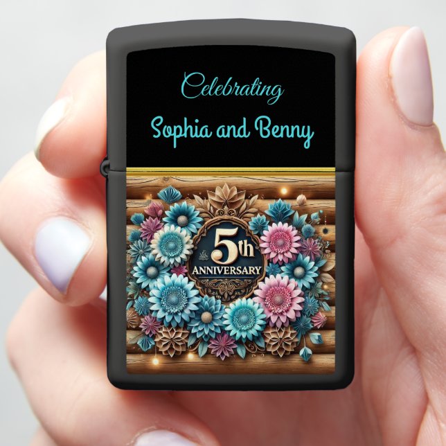 5th Anniversary Radiant Rustic Floral Elegance  Zippo Lighter (In Hand)
