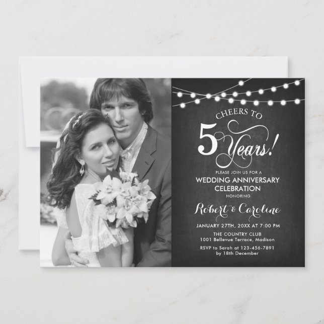 5th Anniversary with Photo - Chalkboard White Invitation (Front)