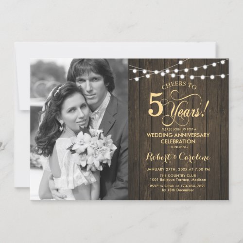 5th Anniversary with Photo _ Rustic Wood Gold Invitation