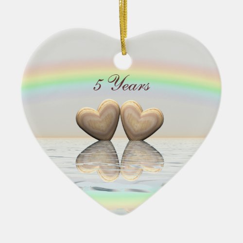 5th Anniversary Wooden Hearts Ceramic Ornament