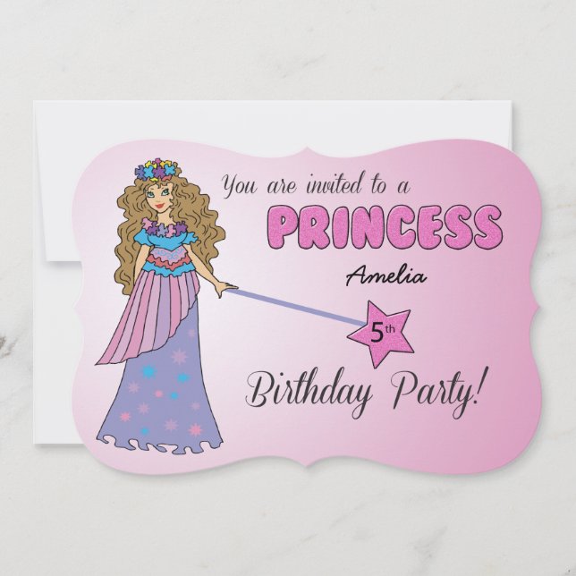 5th Bday Invitation Pink Princess w/ Sparkly Wand (Front)