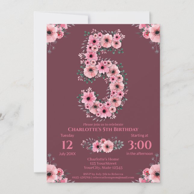 5th Big Birthday Girl Pink Flowers Green Foliage Invitation (Front)