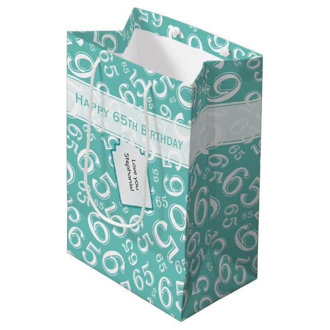 5th Biirthday Random Number Pattern Teal/White Medium Gift Bag (Front Angled)
