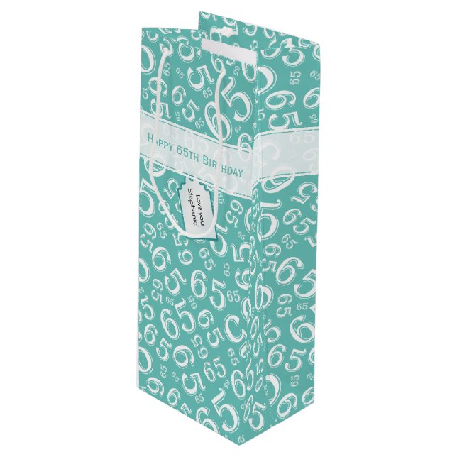 5th Biirthday Random Number Pattern Teal/White Wine Gift Bag (Front Angled)